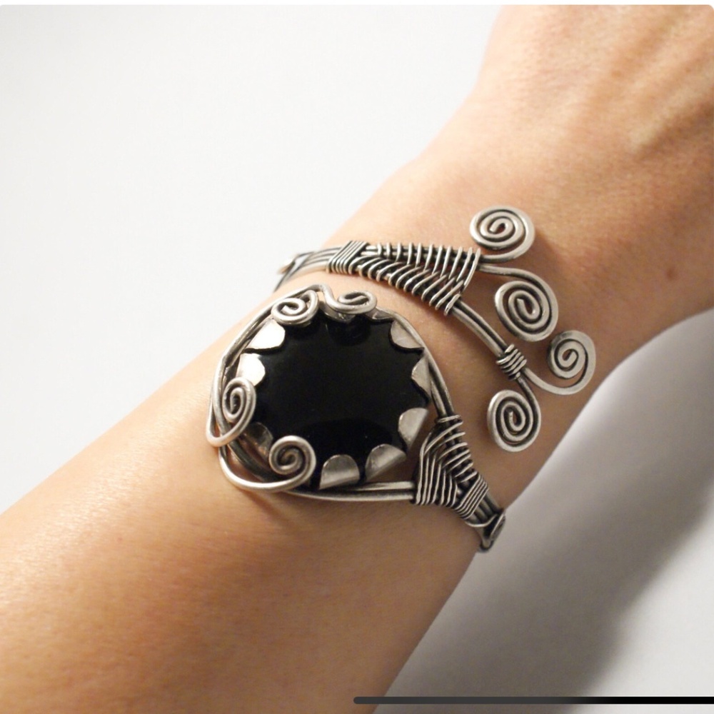 Black Onyx wire wrapped cuff bracelet